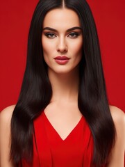 Beautiful young woman in red dress. Generative AI