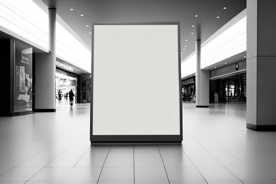 In a contemporary mall, there is a blank sign with copy space for your text message or a mock up of content, generative AI
