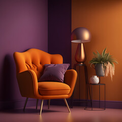 Cozy modern living room interior with orange armchair and decoration room on a Orange or white wall background, Generative AI
