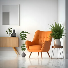 Cozy modern living room interior with orange armchair and decoration room on a Orange or white wall background, Generative AI
