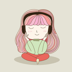 Young cute girl listening to music on headphone. Vector illustration in doodle art style