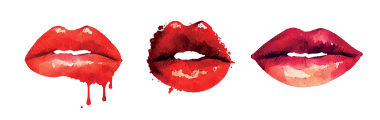 Watercolor lips set. Vector hand drawn painted background.