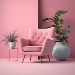 Cozy modern living room interior with pink armchair and decoration room on a pink or white wall background, Generative AI
