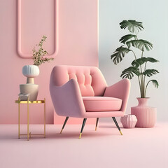 Cozy modern living room interior with pink armchair and decoration room on a pink or white wall background, Generative AI
