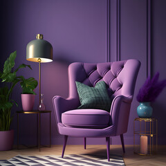 Cozy modern living room interior with purple armchair and decoration room on a purple or white wall background, Generative AI
