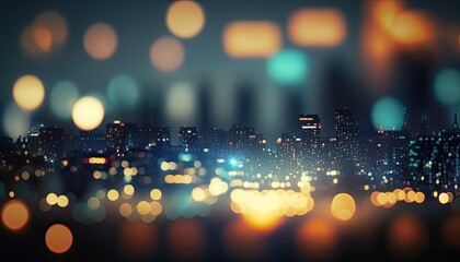 Abstract background with defocused lights in a cityscape at night. Generative AI illustration.