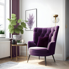 Cozy modern living room interior with purple armchair and decoration room on a purple or white wall background, Generative AI
