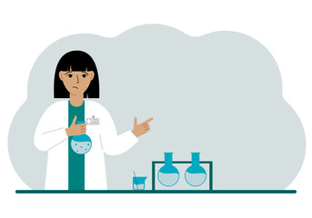 Female scientist with flasks. Experimental scientist, laboratory assistant, biochemistry, chemical, scientific research.