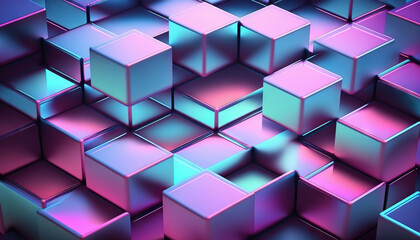 Seamless frosted etched glass 80s holographic purple aesthetic stacked isometric cube wall background texture. Abstract shiny pink and blue neon blur geometric squares surreal pattern. Generative ai