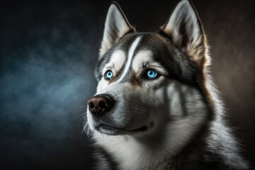 Obraz premium Beautiful Siberian Husky dog portrayed in this portrait. Sleek husky with icy blue orbs. Husky is currently laying on the floor and avoiding eye contact. A fixation solely on the eyes. Generative AI