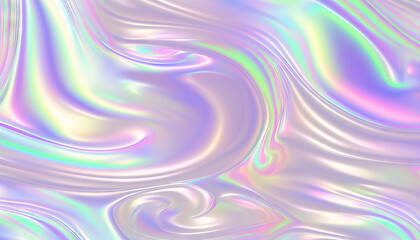 Obraz premium Seamless trendy iridescent rainbow foil texture. Soft holographic pastel unicorn marble background pattern. Modern pearlescent blurry abstract swirl illustration. Generative AI