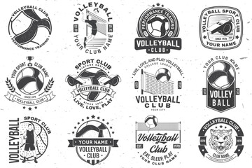Set of Volleyball club badge, logo design. Vector illustration.  Vintage monochrome label, sticker, patch with volleyball ball, player and referee whistle silhouettes.