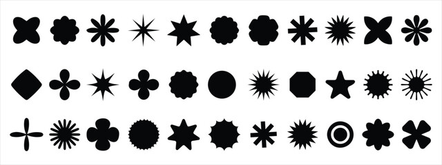 Brutalist abstract geometric shapes. Swiss design aesthetic. Bauhaus memphis design. Modern elements swiss style figures stars flowers circles