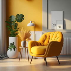 Cozy modern living room interior with yellow armchair and decoration room on a yellow or white wall background, Generative AI
