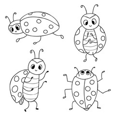 Collection ladybugs. Funny small insect. Vector illustration. Outline drawing. Isolated doodles ladybird for design, decor, kids collection, coloring book