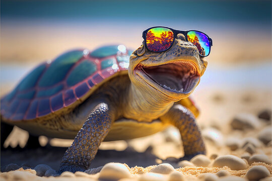 Cheerful smiling turtle in sunglasses on the sea beach, animal on summer vacation basking in the sun, ai generated