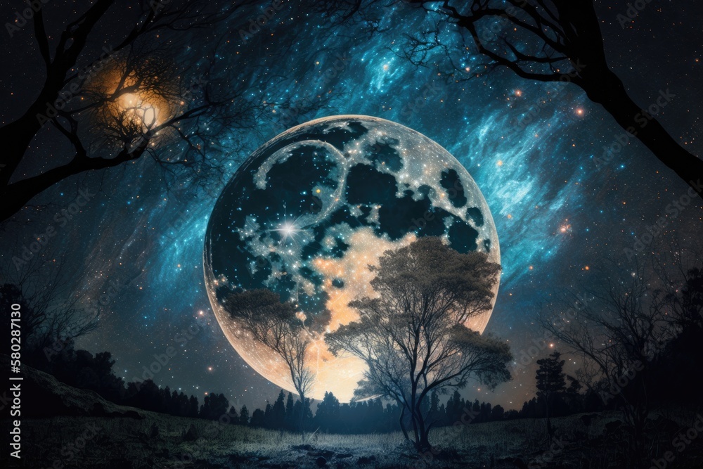 Wall mural starry sky with a full moon. generative ai