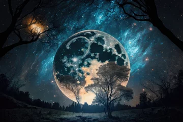 Papier Peint photo Lavable Pleine Lune arbre Starry sky with a full moon. Generative AI