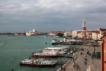Venezia. San Marco, Bacino. Veduta dall'alto con vaporetti in sosta a Fondamenta degli Schiavoni...