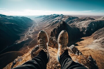 On Top of Tallest Mountain with Feet Hanging Over AI Generated