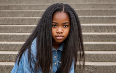 Sad or upset african american teen girl.Sits outdoor on stairs. Generative AI