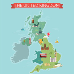Map of United Kingdom with famous landmarks.