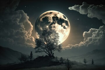 Naklejka na ściany i meble This evening there is a full moon in the sky. Generative AI