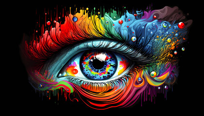 digital illustration of a rainbow colored surreal eye isolated on black background, created with generative ai