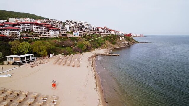 Luxury Resort Fly Back Reveal Beach Marina Yachts Drone Aerial Black Sea Off Season Bulgaria Europe