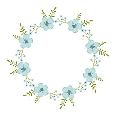 Vector wreath with blue flowers and green leaves. Floral round frame for celebrations. Flower circle border copy space. Romantic design for greeting cards. Text template with spring plants.