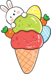 Cute bunny with ice cream and easter eggs