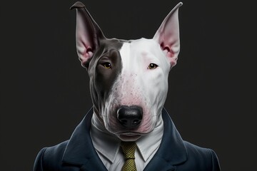 Portrait of a Bull Terrier dressed in a formal business suit, generative ai	
