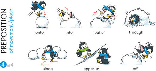 Preposition of movement Funny penguins cartoon set