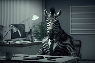 Zebra in the office. Animals in the Office. Workers as Animals, office space.