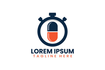 Flat pill medicine time logo template vector design illustration