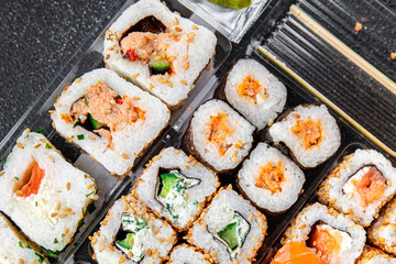 sushi rolls meal seafood food snack fast food on the table copy space food background rustic top view