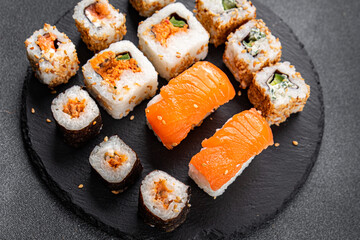 sushi rolls meal seafood food snack fast food on the table copy space food background rustic top view