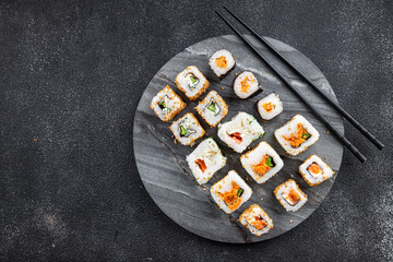 sushi rolls meal seafood food snack fast food on the table copy space food background rustic top view