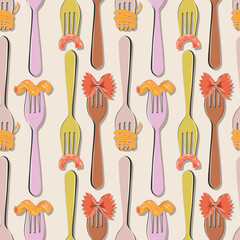 Cute vector fork and spoon with pasta ,spaghetti illustration , noodles seamless pattern