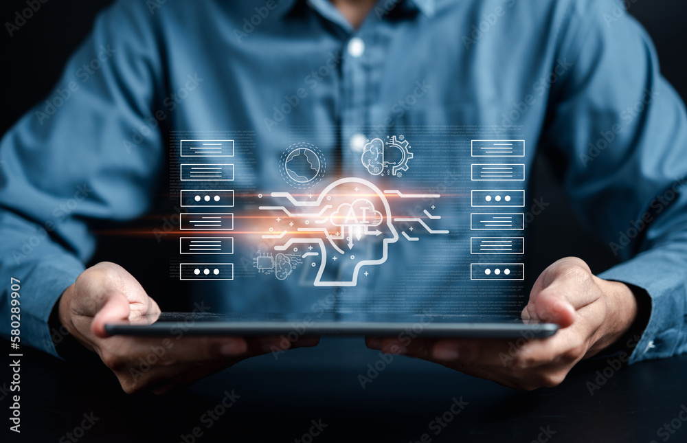 Poster Businessman using chat bot in smartphone intelligence Ai. Chat with AI Artificial Intelligence, developed by OpenAI generate. Futuristic technology, robot in online system...