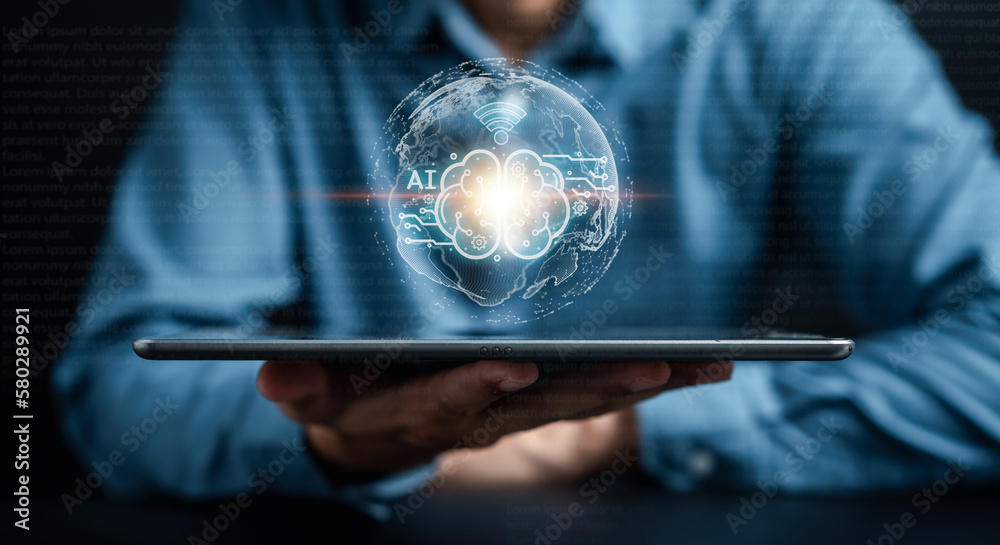 Fototapete Businessman using chat bot in smartphone intelligence Ai. Chat with AI Artificial Intelligence, developed by OpenAI generate. Futuristic technology, robot in online system...
