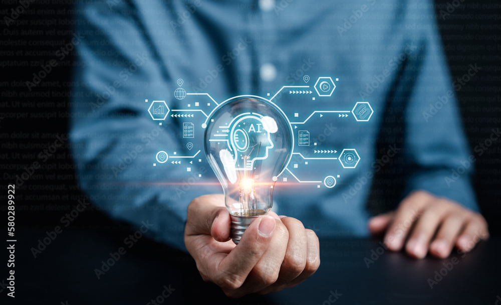 Poster Businessman using chat bot in smartphone intelligence Ai. Chat with AI Artificial Intelligence, developed by OpenAI generate. Futuristic technology, robot in online system...