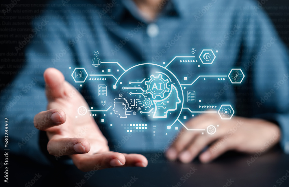 Poster Businessman using chat bot in smartphone intelligence Ai. Chat with AI Artificial Intelligence, developed by OpenAI generate. Futuristic technology, robot in online system...