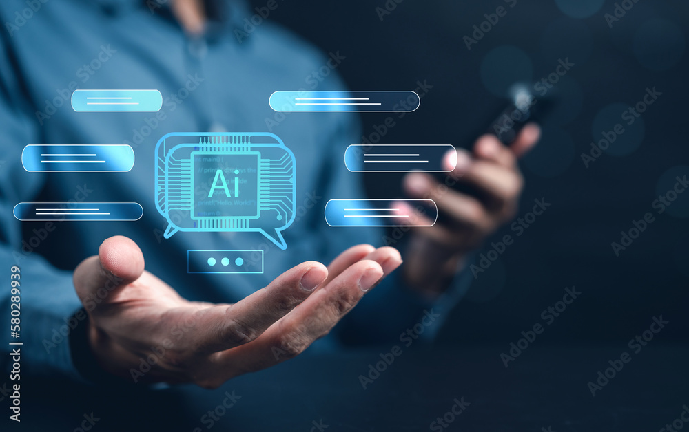 Aufkleber Businessman using chat bot in smartphone intelligence Ai. Chat with AI Artificial Intelligence, developed by OpenAI generate. Futuristic technology, robot in online system...
