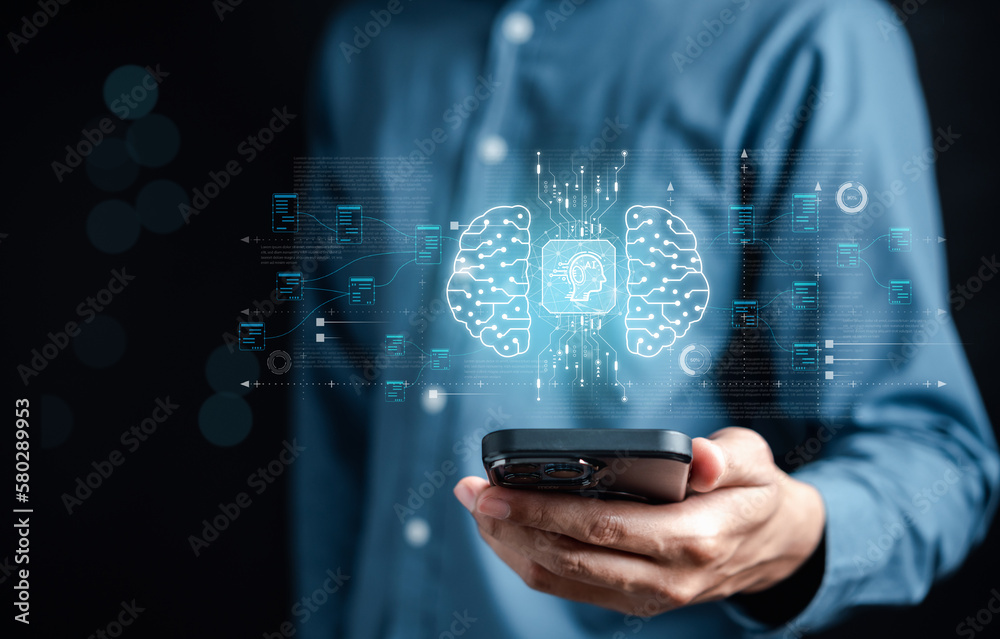 Poster Businessman using chat bot in smartphone intelligence Ai. Chat with AI Artificial Intelligence, developed by OpenAI generate. Futuristic technology, robot in online system...