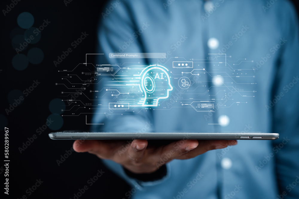 Poster Businessman using chat bot in smartphone intelligence Ai. Chat with AI Artificial Intelligence, developed by OpenAI generate. Futuristic technology, robot in online system...