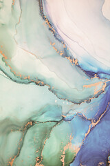 Painting created with alcohol ink. Soft smooth color transitions combined with clear gold and silver edges. Blue, pink, green abstract color combination.