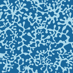 Fototapeta na wymiar Military blue blob camouflage, seamless texture. Cartoon style background. Camo pattern, marine uniform for fabric prints. Vector 