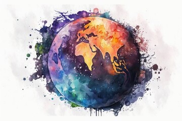 Planet painted in watercolors, isolated on white. Generative AI