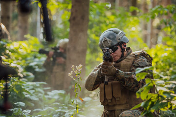 Fototapeta premium A group of modern warfare soldiers is fighting a war in dangerous remote forest areas. A group of soldiers is fighting on the enemy line with modern weapons. The concept of warfare and military